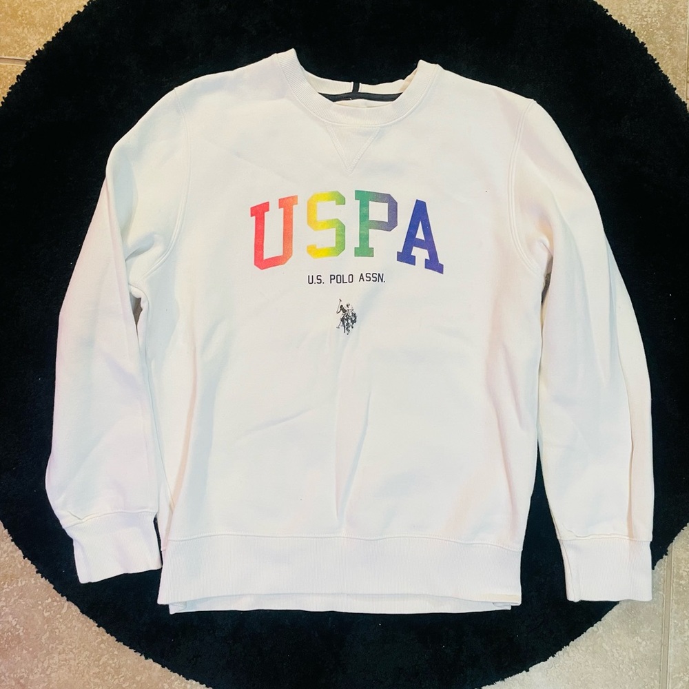 U.S. Polo Assn. White Crewneck Sweater with Multicolored USPA Design